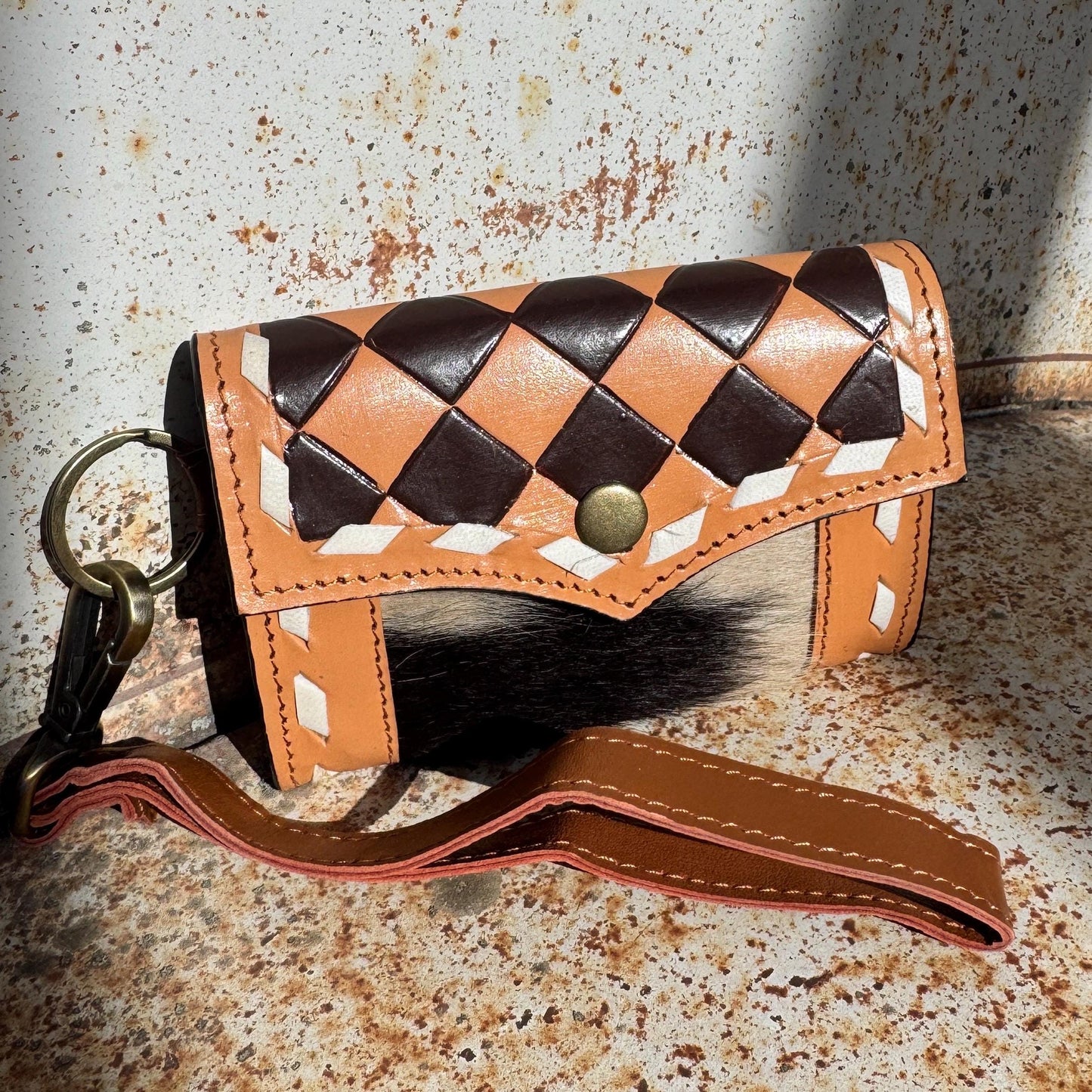 Caramel Espresso Checkered Speedy Western Genuine Leather Purse