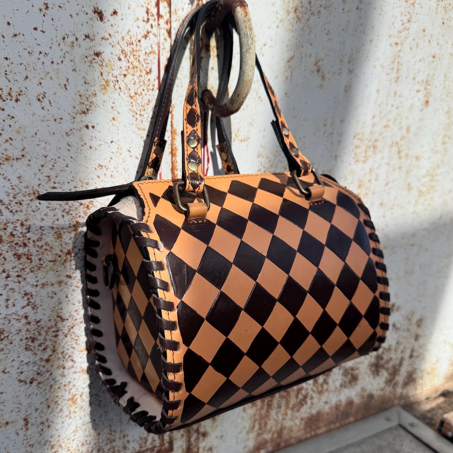 Caramel Espresso Checkered Speedy Western Genuine Leather Purse
