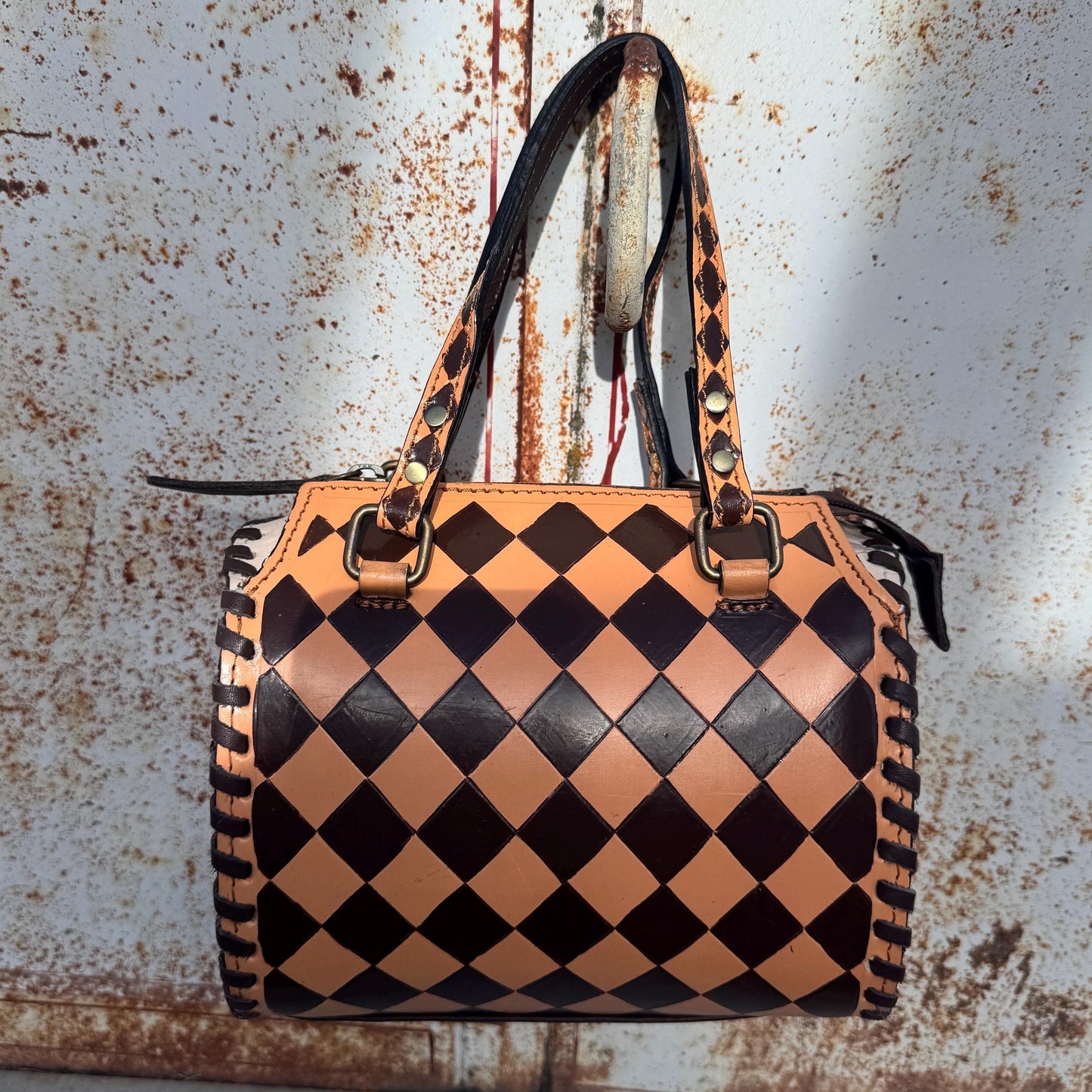 Caramel Espresso Checkered Speedy Western Genuine Leather Purse