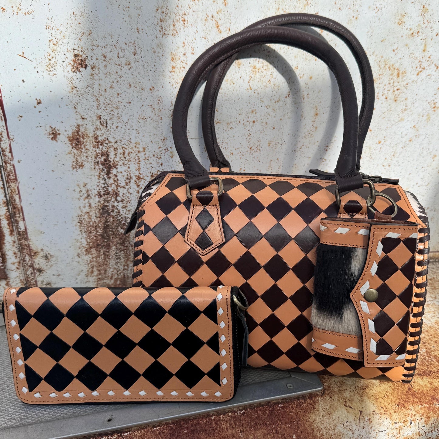 Caramel Espresso Checkered Speedy Western Genuine Leather Purse
