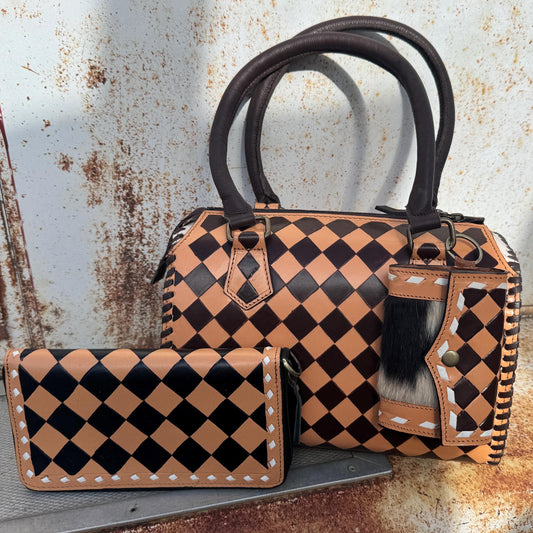 Caramel Espresso Checkered Speedy Western Genuine Leather Purse