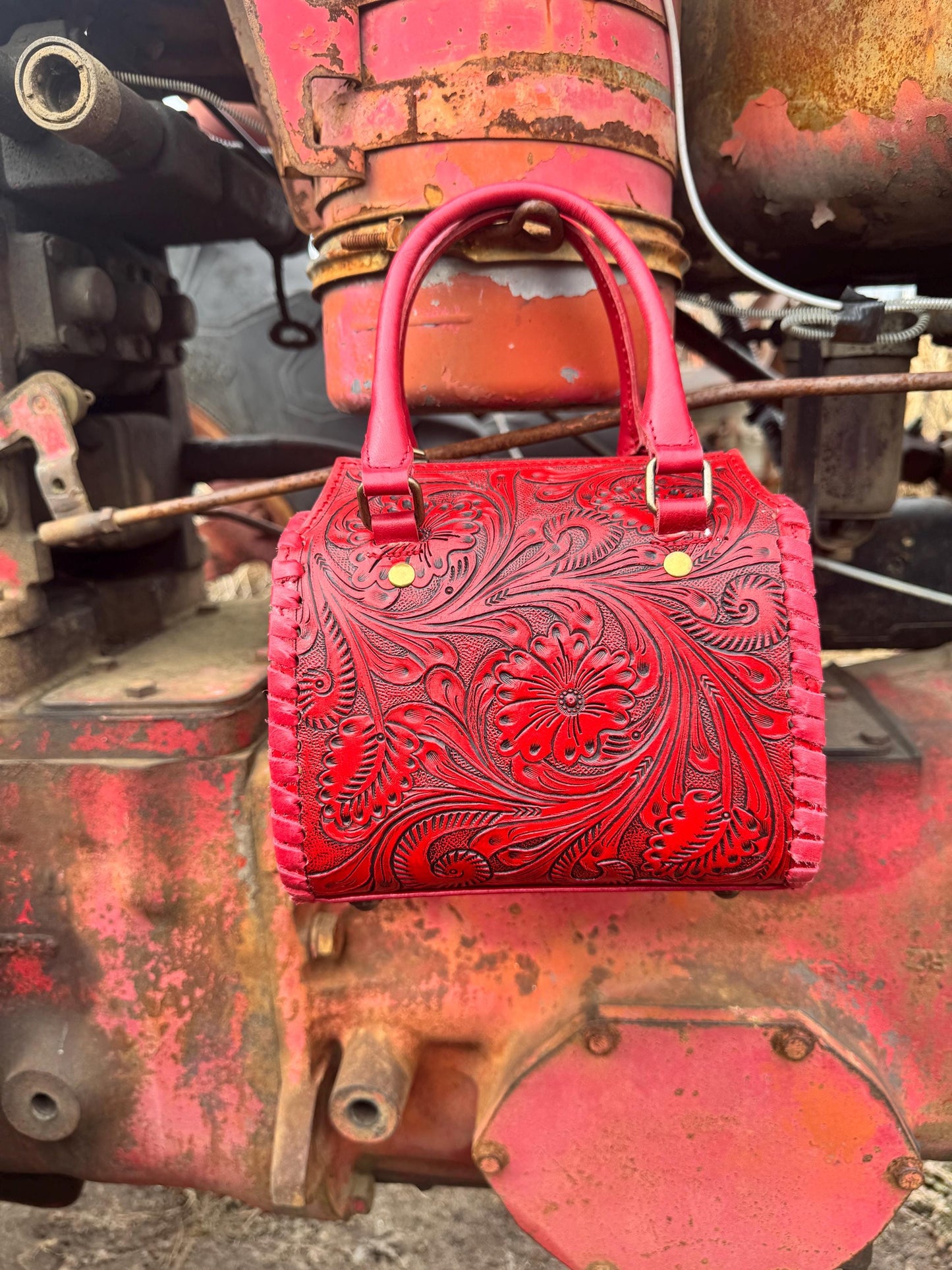 Deep Cherry Red Speedy Western Genuine Leather Barrel Bag