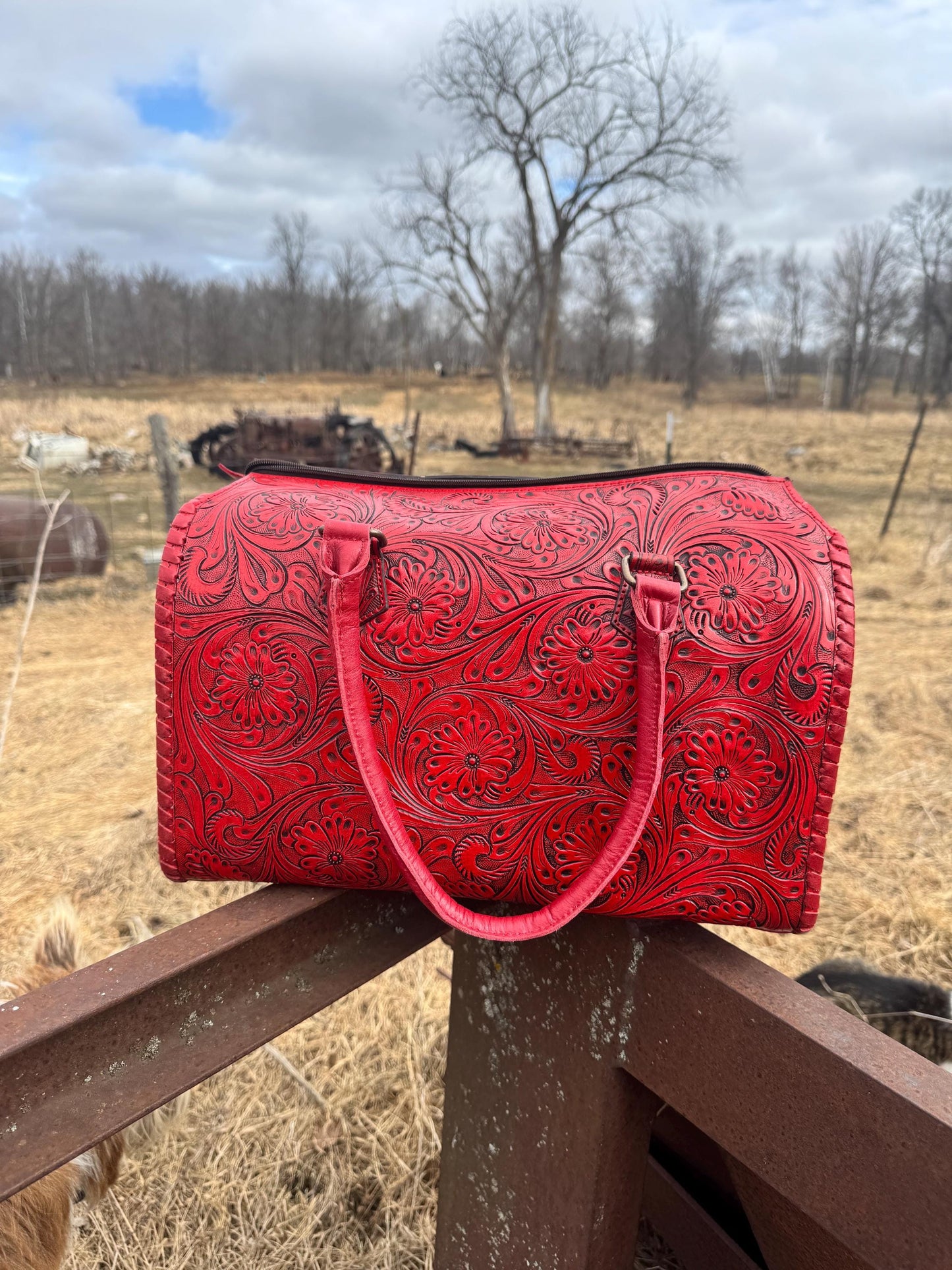 Deep Cherry Red Speedy Western Genuine Leather Barrel Bag