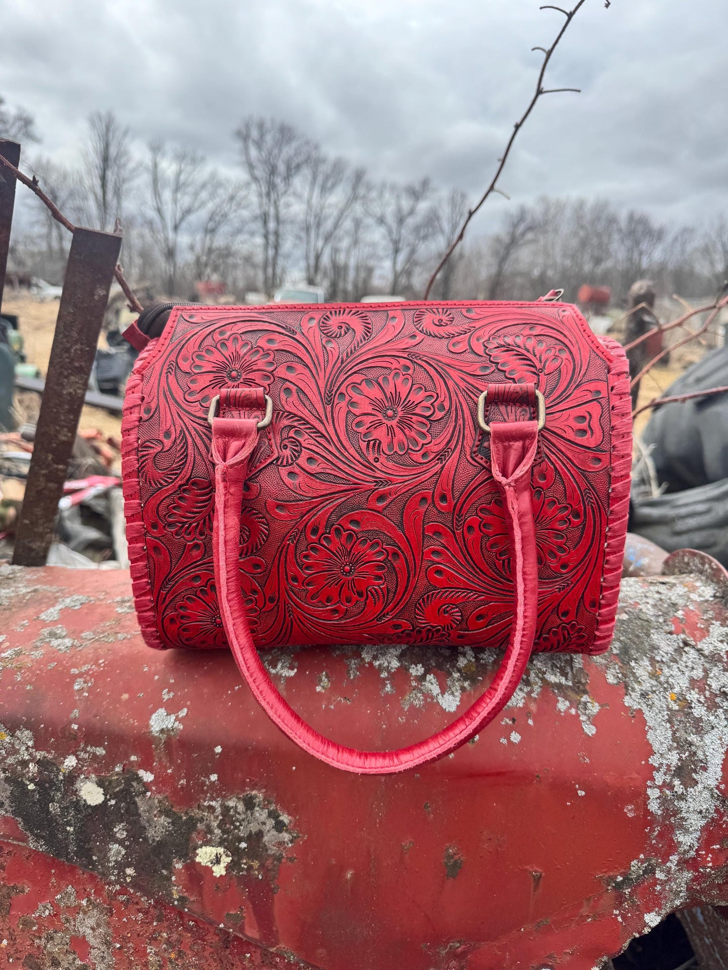 Deep Cherry Red Speedy Western Genuine Leather Barrel Bag