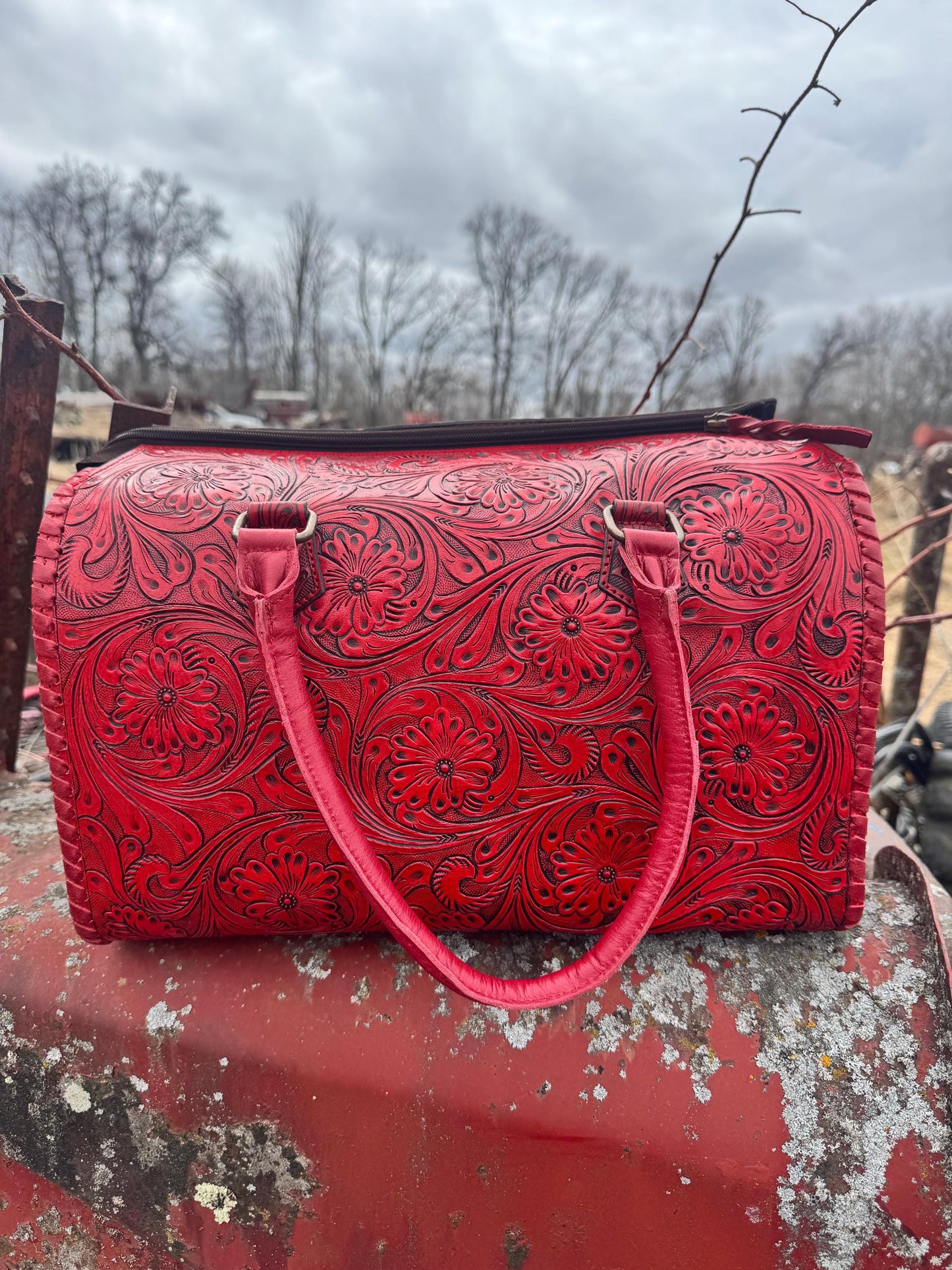 Deep Cherry Red Speedy Western Genuine Leather Barrel Bag
