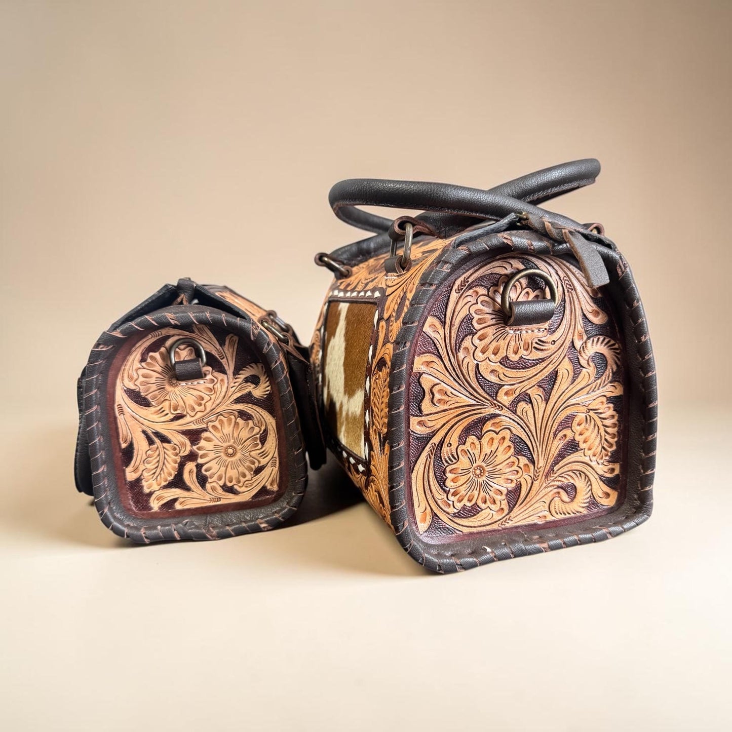 Genuine Western Leather Speedy Barrel Bag with Cowhide and Tooled Details