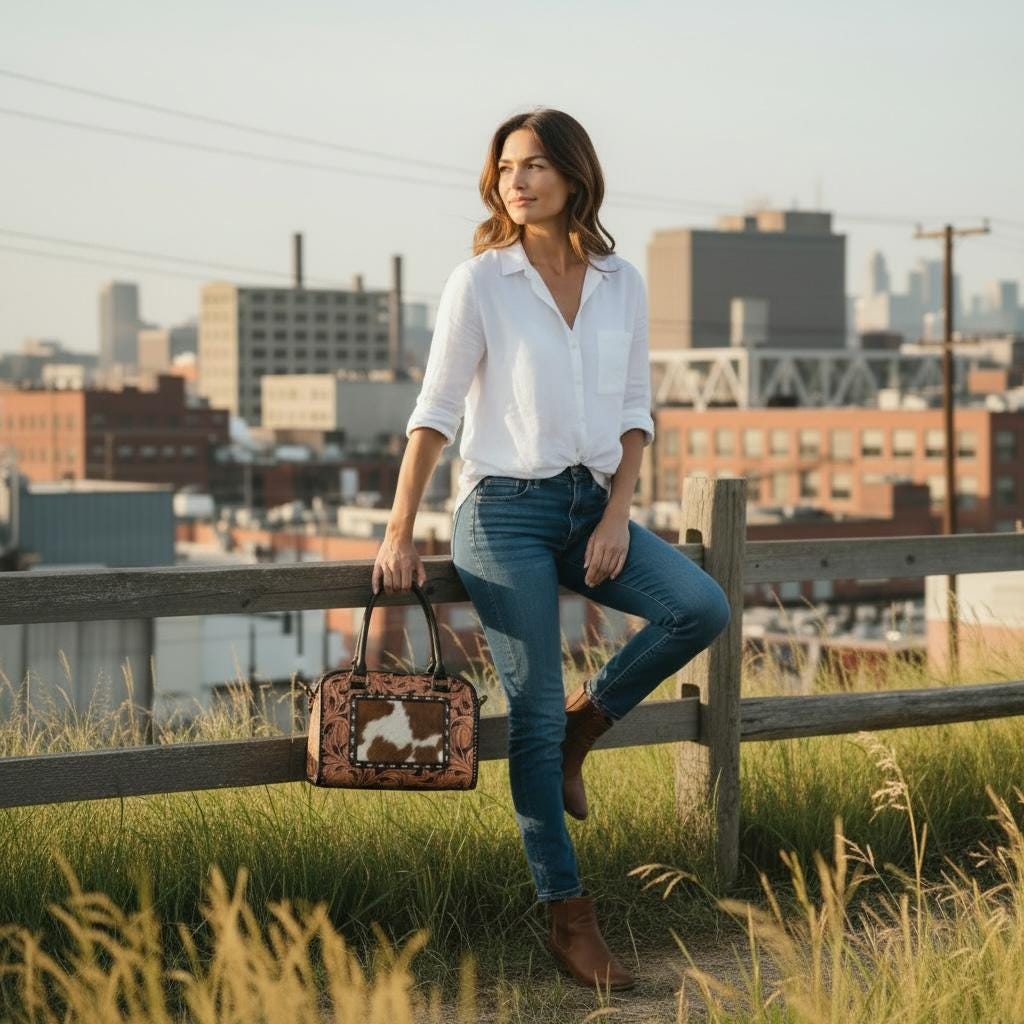 Genuine Western Leather Speedy Barrel Bag with Cowhide and Tooled Details