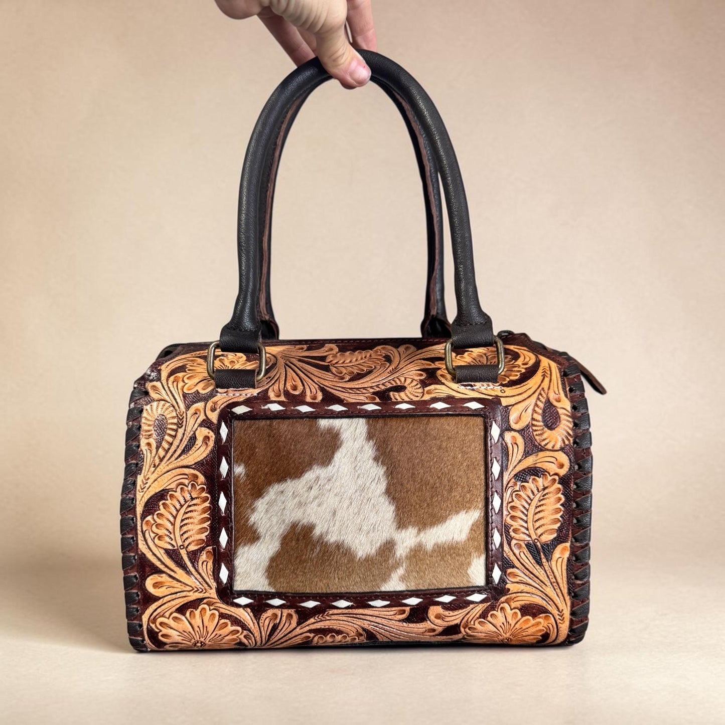 Genuine Western Leather Speedy Barrel Bag with Cowhide and Tooled Details