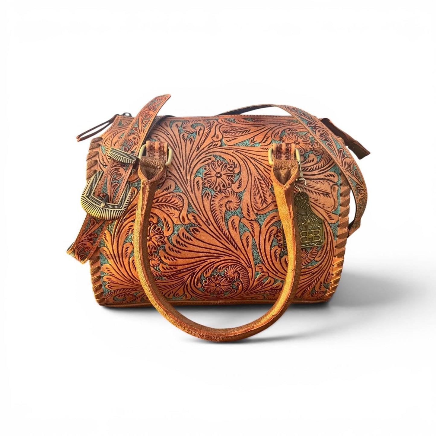 Turquoise and Tan Speedy Western Genuine Leather Barrel Bag