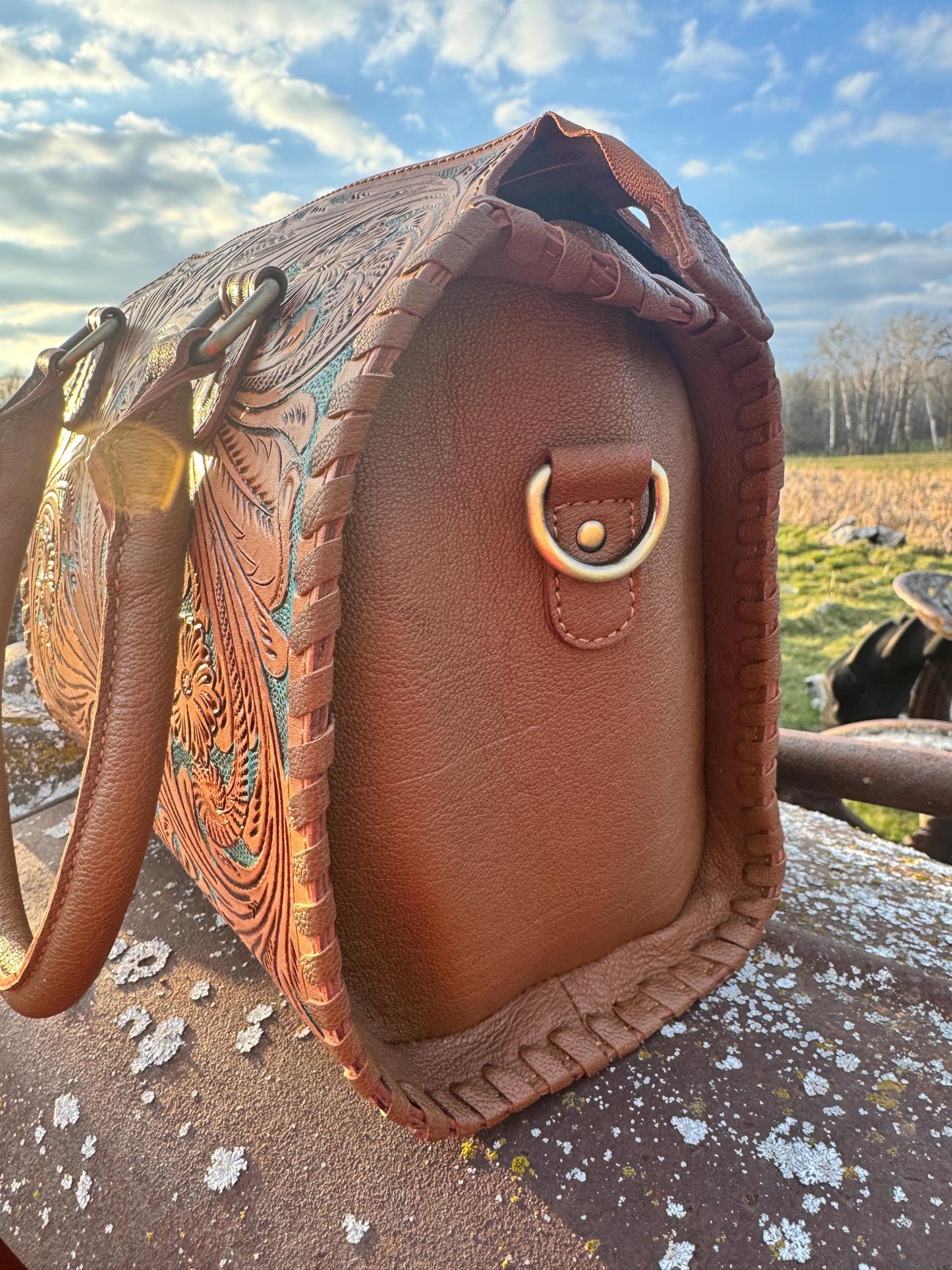 Turquoise and Tan Speedy Western Genuine Leather Barrel Bag