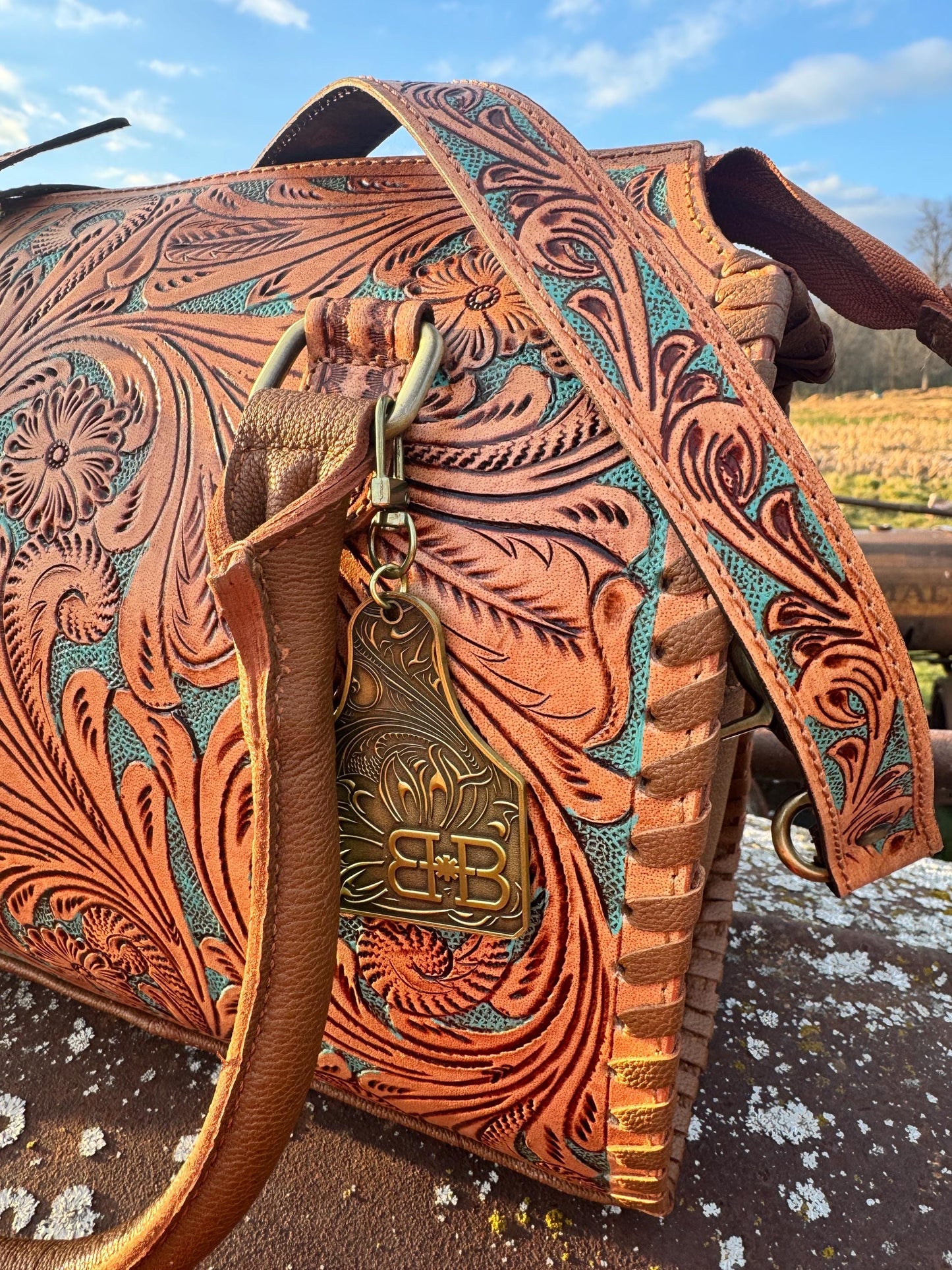 Turquoise and Tan Speedy Western Genuine Leather Barrel Bag