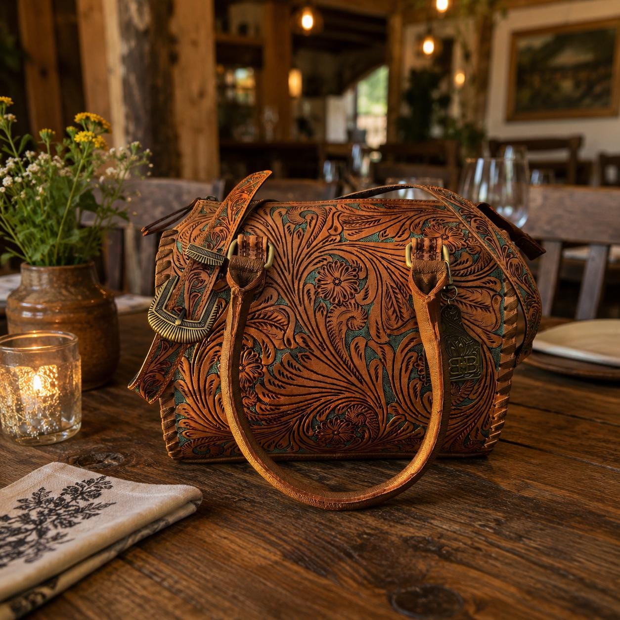 Turquoise and Tan Speedy Western Genuine Leather Barrel Bag