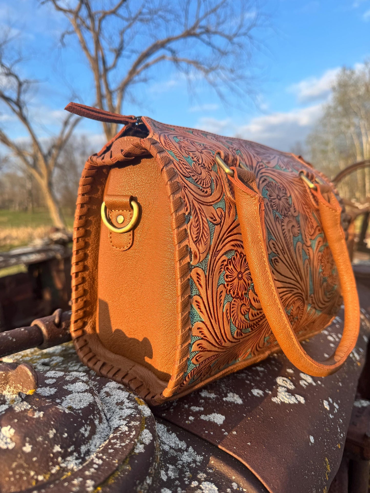 Turquoise and Tan Speedy Western Genuine Leather Barrel Bag