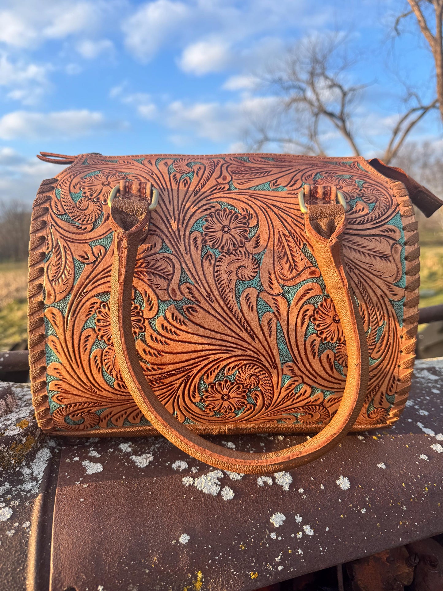 Turquoise and Tan Speedy Western Genuine Leather Barrel Bag
