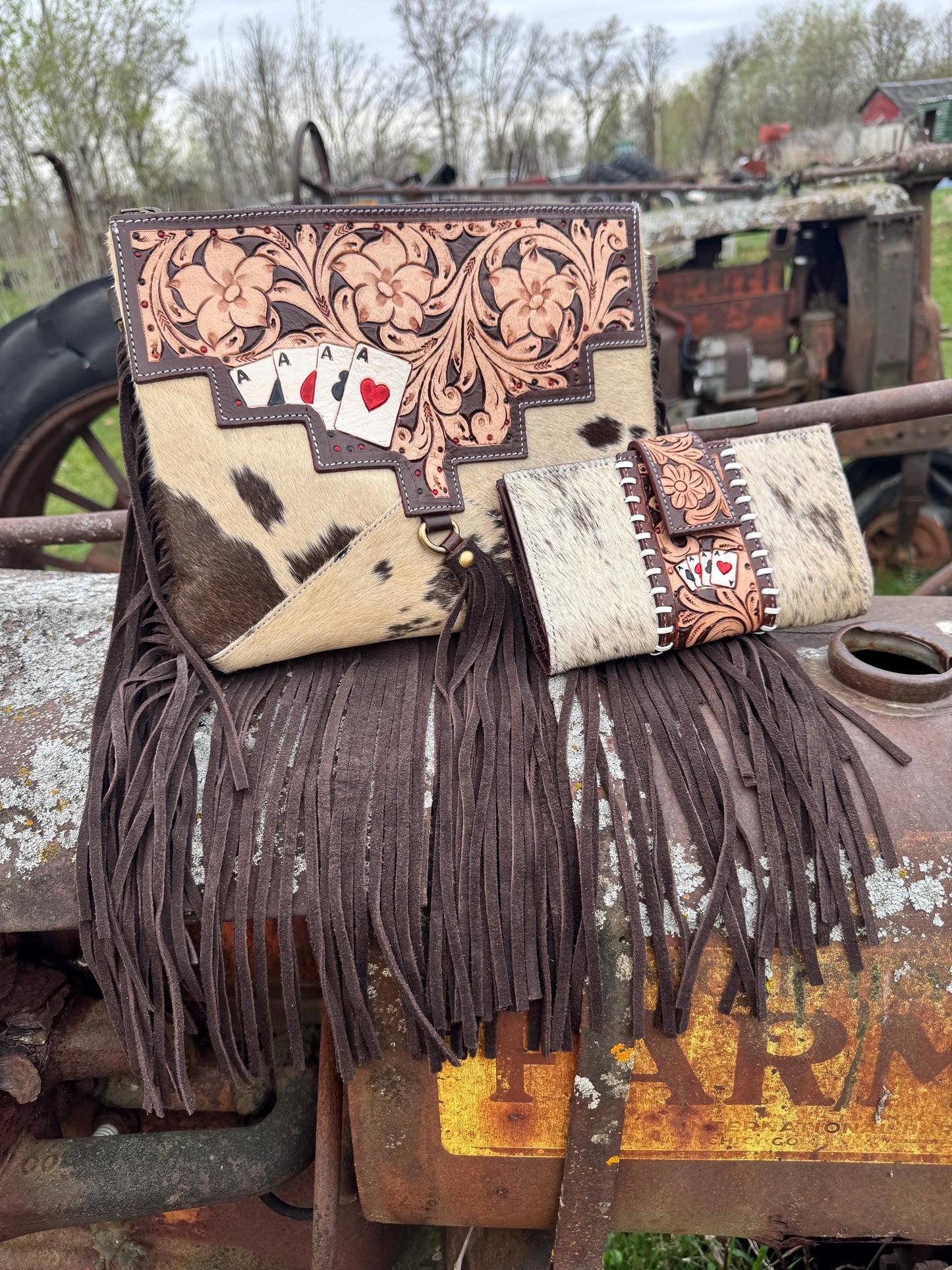 Genuine Western Spotted Cowhide Leather Purse and Wallet Set with Ace Cards Detail and Fringe