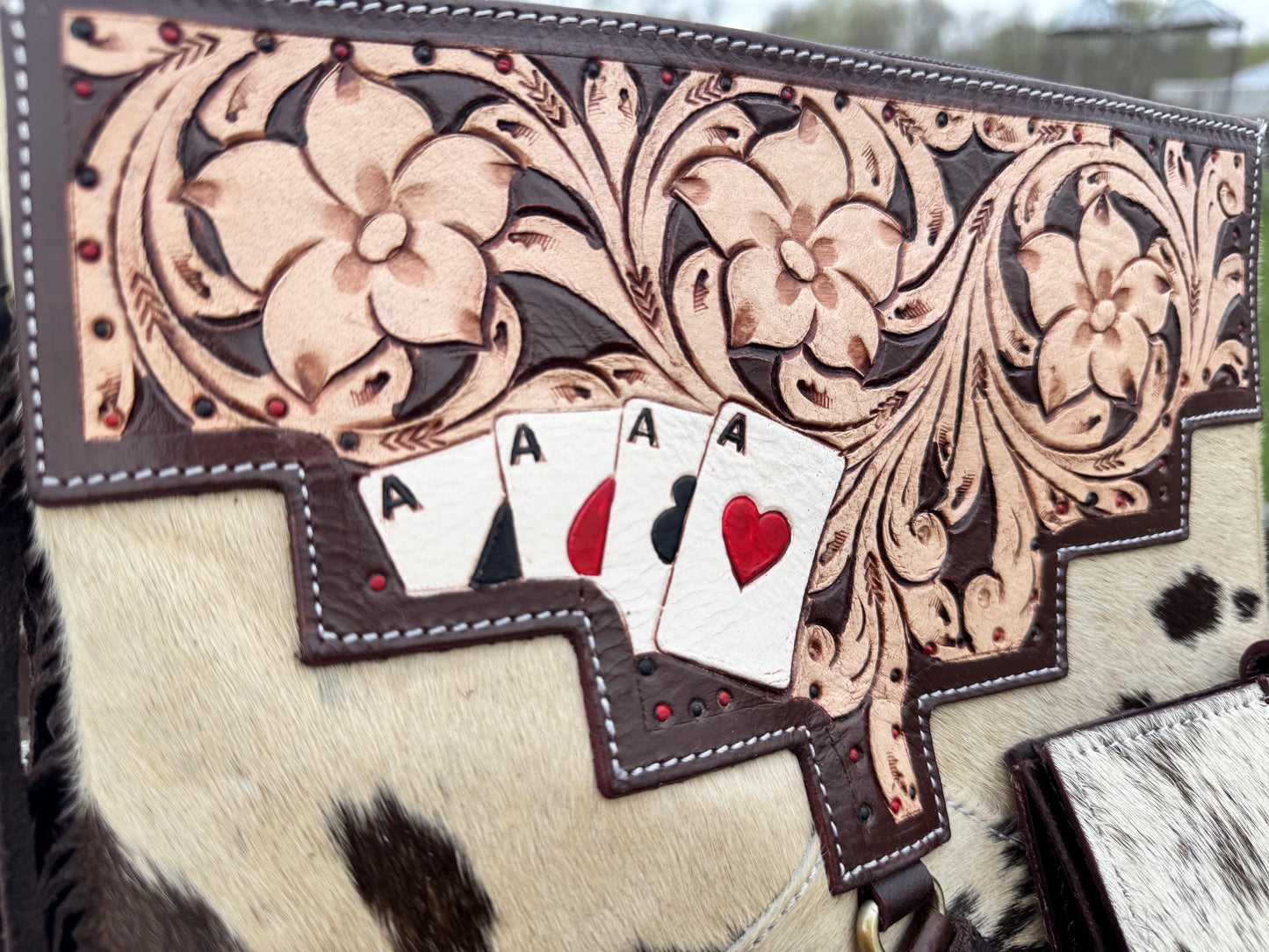Genuine Western Spotted Cowhide Leather Purse and Wallet Set with Ace Cards Detail and Fringe