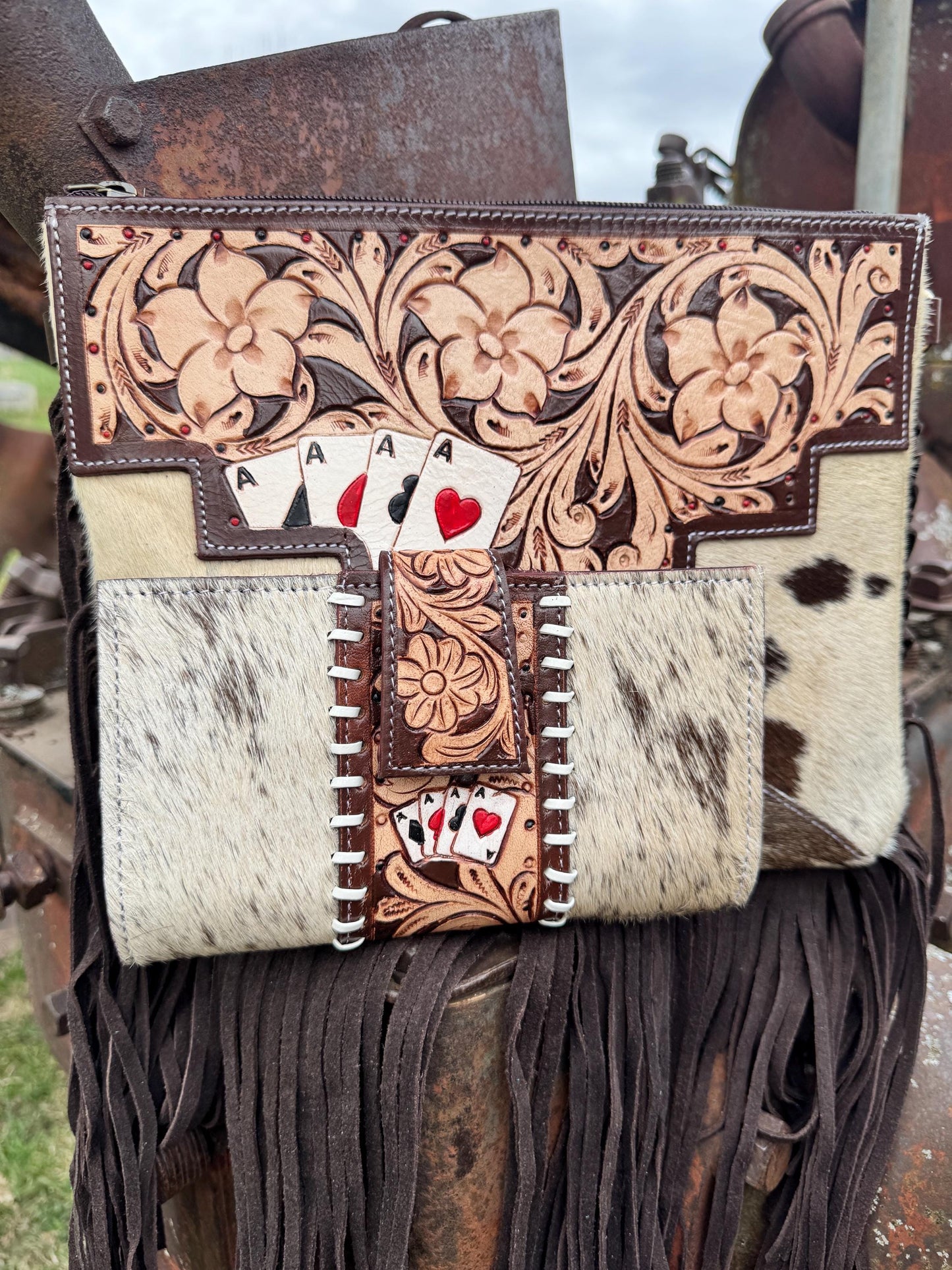 Genuine Western Spotted Cowhide Leather Purse and Wallet Set with Ace Cards Detail and Fringe