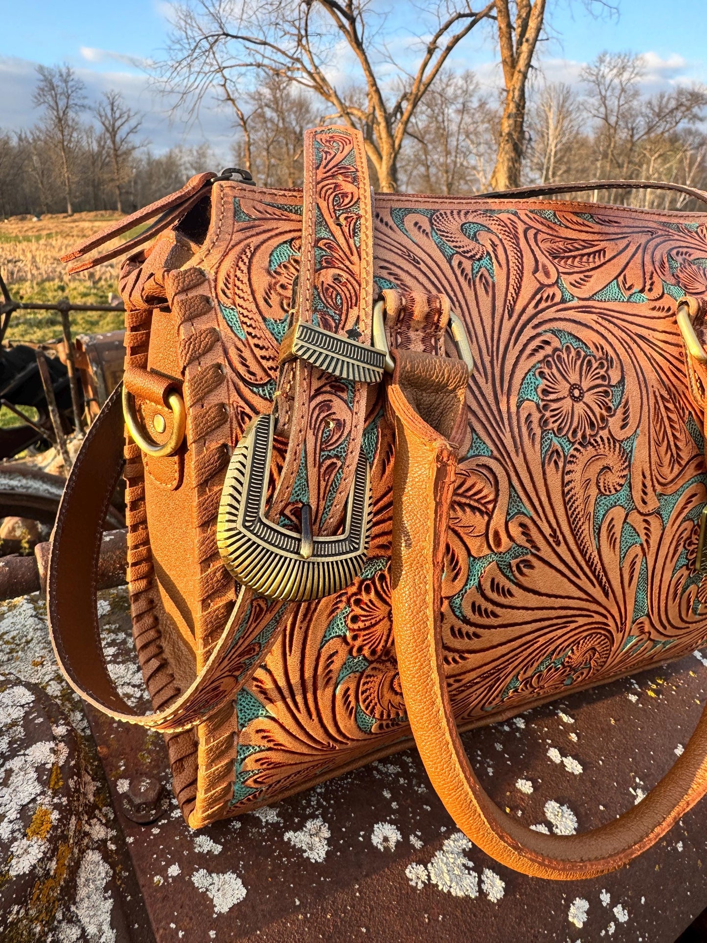 Turquoise and Tan Speedy Western Genuine Leather Barrel Bag