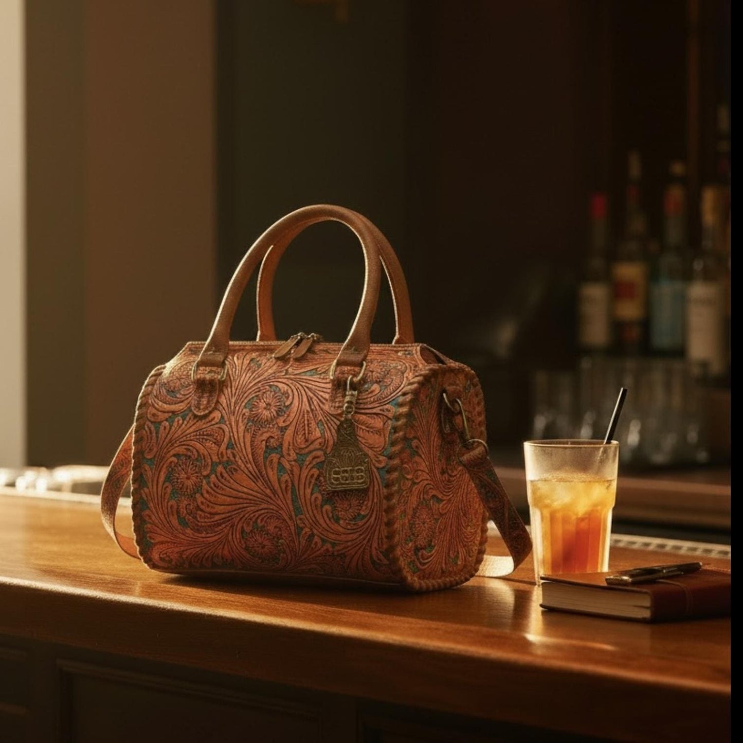 Turquoise and Tan Speedy Western Genuine Leather Barrel Bag