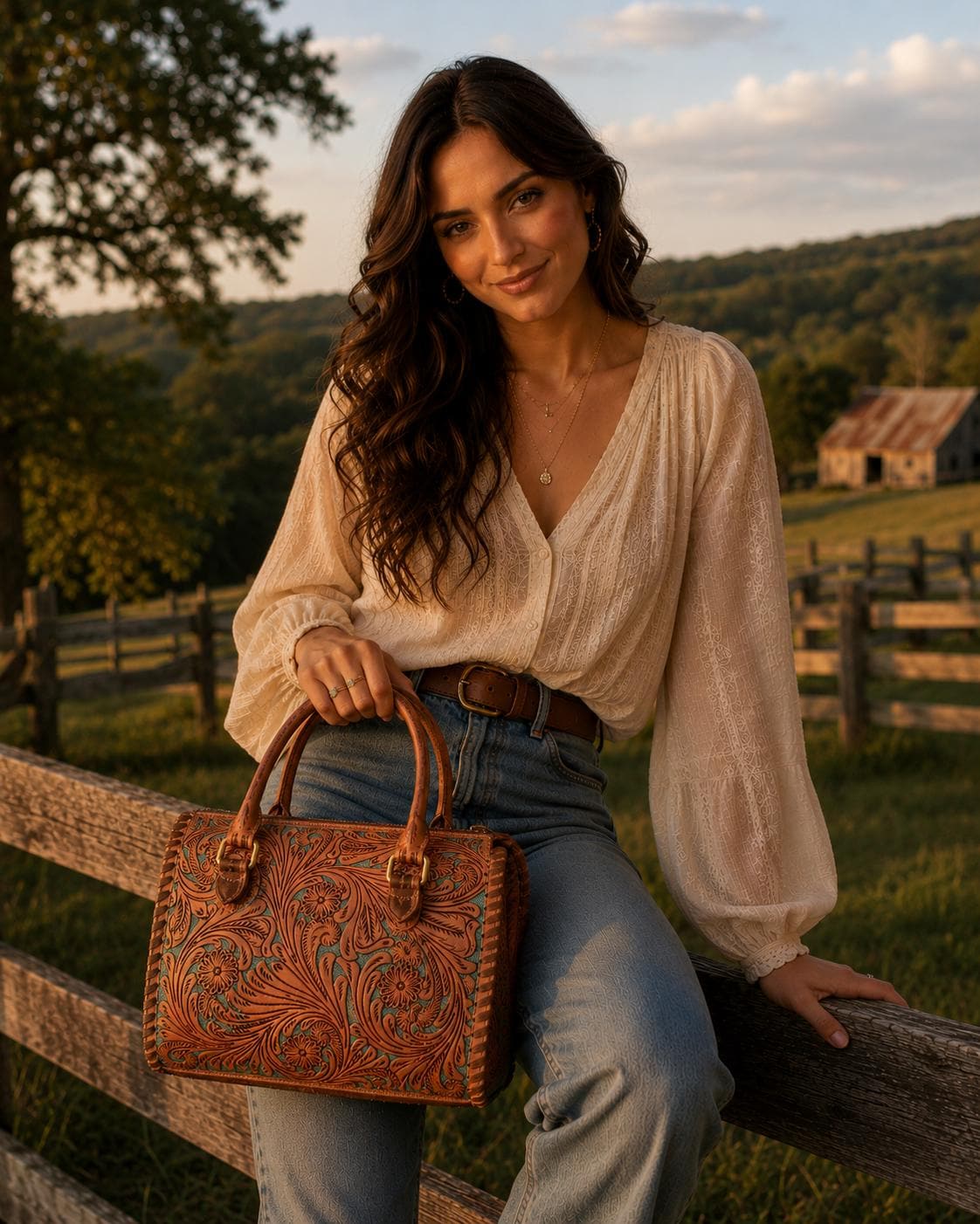 Turquoise and Tan Speedy Western Genuine Leather Barrel Bag
