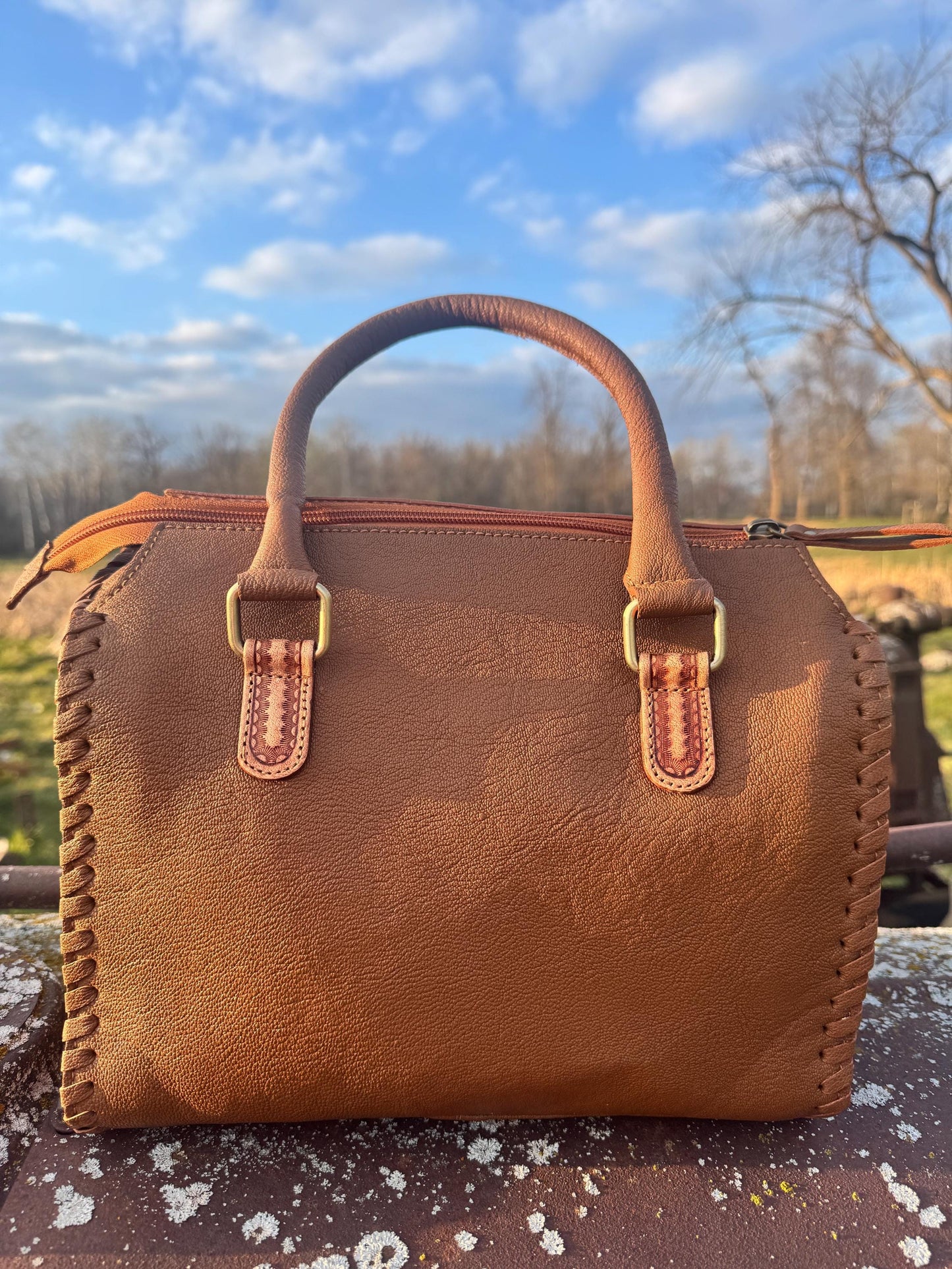Turquoise and Tan Speedy Western Genuine Leather Barrel Bag