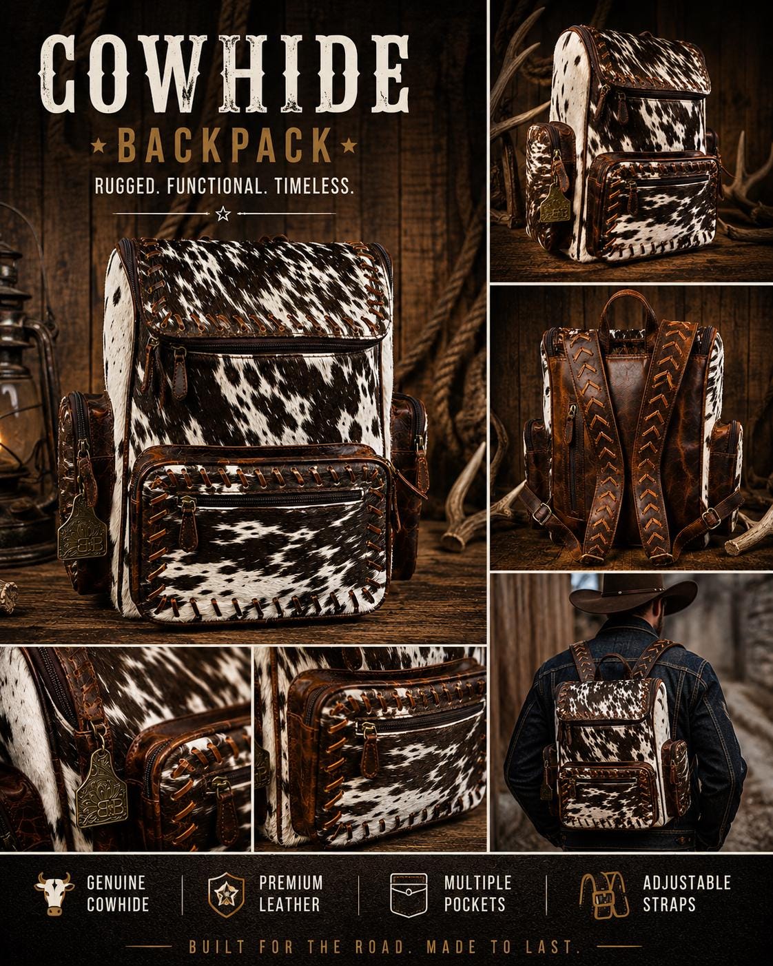 Open Range Genuine Cowhide Leather Backpack - Brindle or Spotted