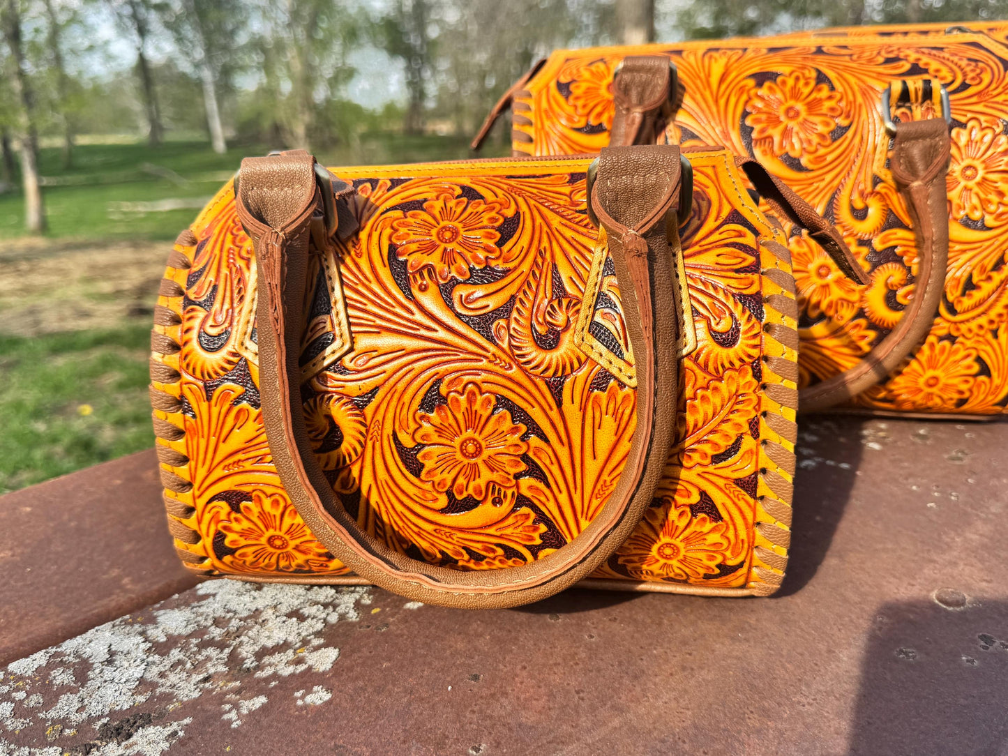 Sorrel Sunset Speedy Western Genuine Leather Barrel Bag