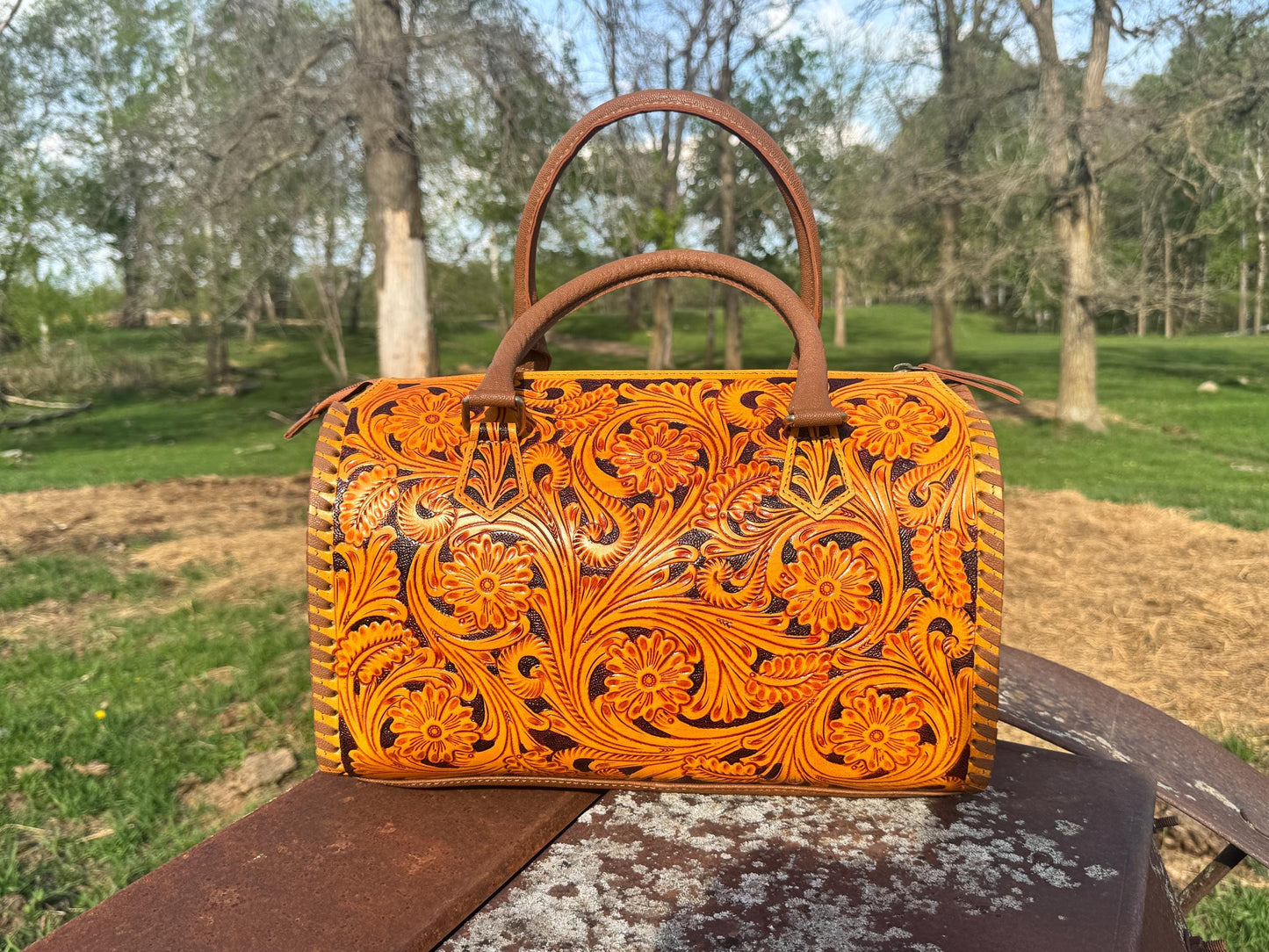 Sorrel Sunset Speedy Western Genuine Leather Barrel Bag