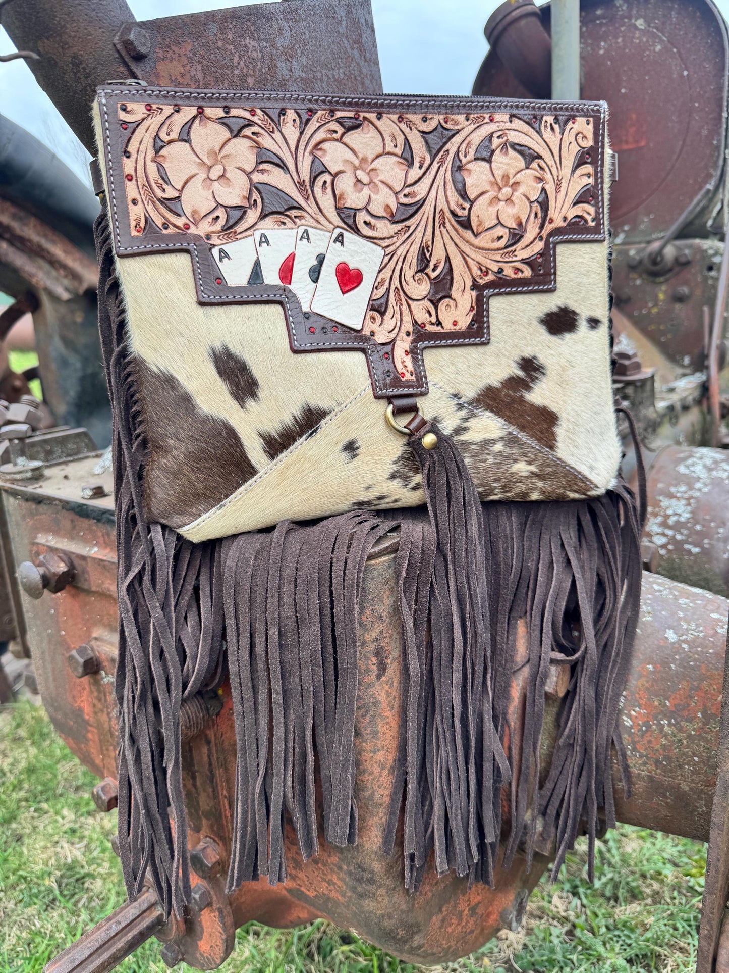 Genuine Western Spotted Cowhide Leather Purse and Wallet Set with Ace Cards Detail and Fringe