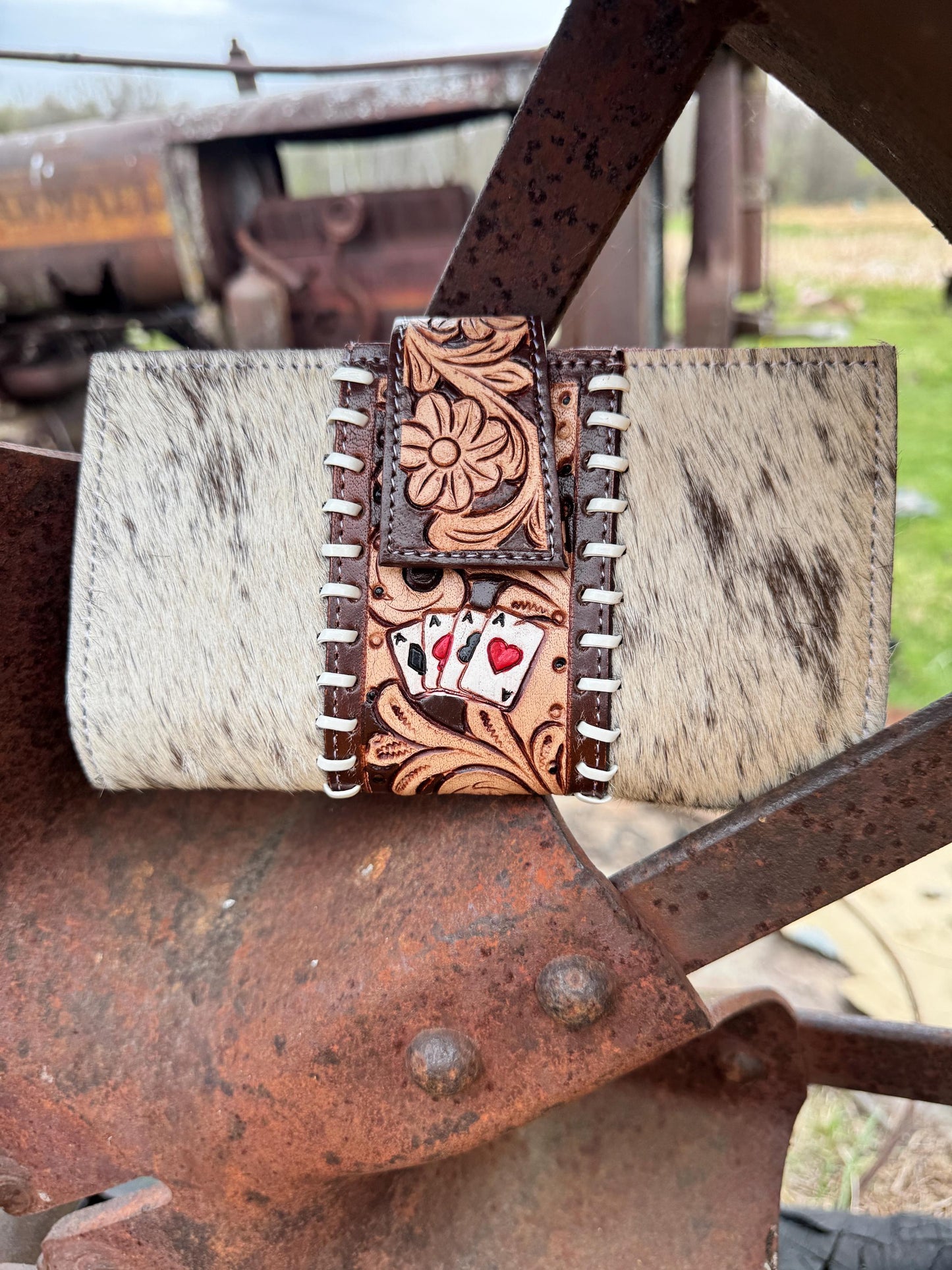 Genuine Western Spotted Cowhide Leather Purse and Wallet Set with Ace Cards Detail and Fringe