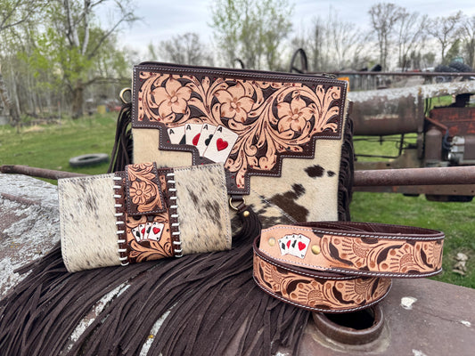 Genuine Western Spotted Cowhide Leather Purse and Wallet Set with Ace Cards Detail and Fringe