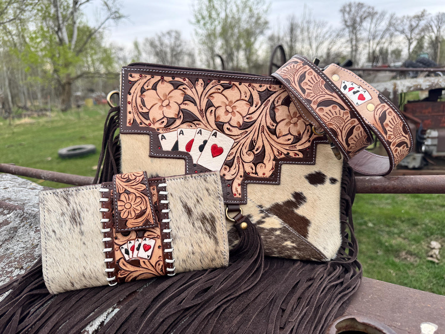 Genuine Western Spotted Cowhide Leather Purse and Wallet Set with Ace Cards Detail and Fringe