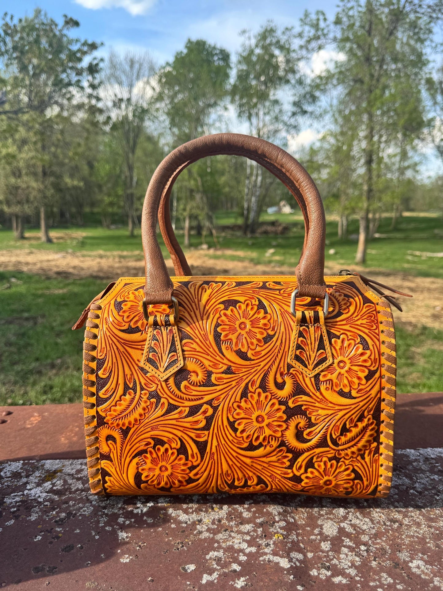 Sorrel Sunset Speedy Western Genuine Leather Barrel Bag