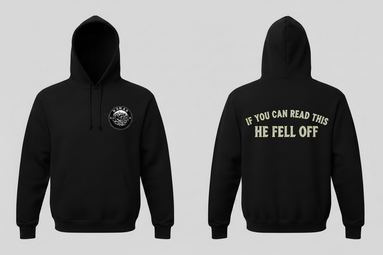 Custom Embroidered Hoodie - Nomad logo on front chest, biker text on back